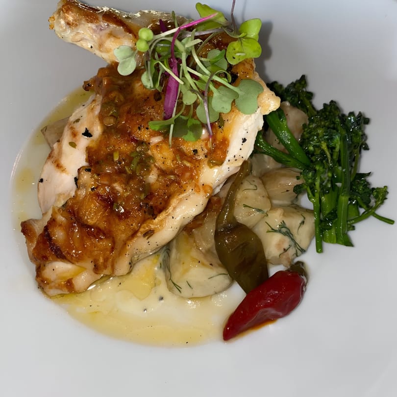 Grilled chicken with sauce, microgreens, broccolini, gnocchi, and peppers on a white plate.